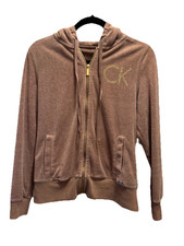 Calvin Klein Womens Velour Hoodie M Brown Rhinestone Logo Zip Up Jacket Soft