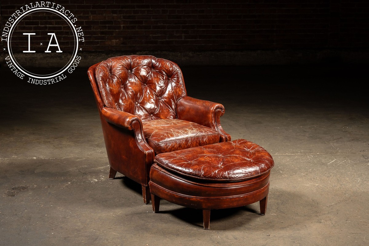 Vintage Tufted Leather Chesterfield Armchair and Ottoman by