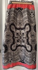 Vtg 60s Quilted Maxi Hostess Skirt -Black  White Medallion w Orange Border-Sz M