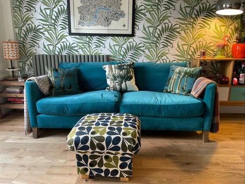 Porter & Stone Balmoral Duck Egg Fabric Footstool Tartan Check Pouffe Green Blue - Picture 6 of 24