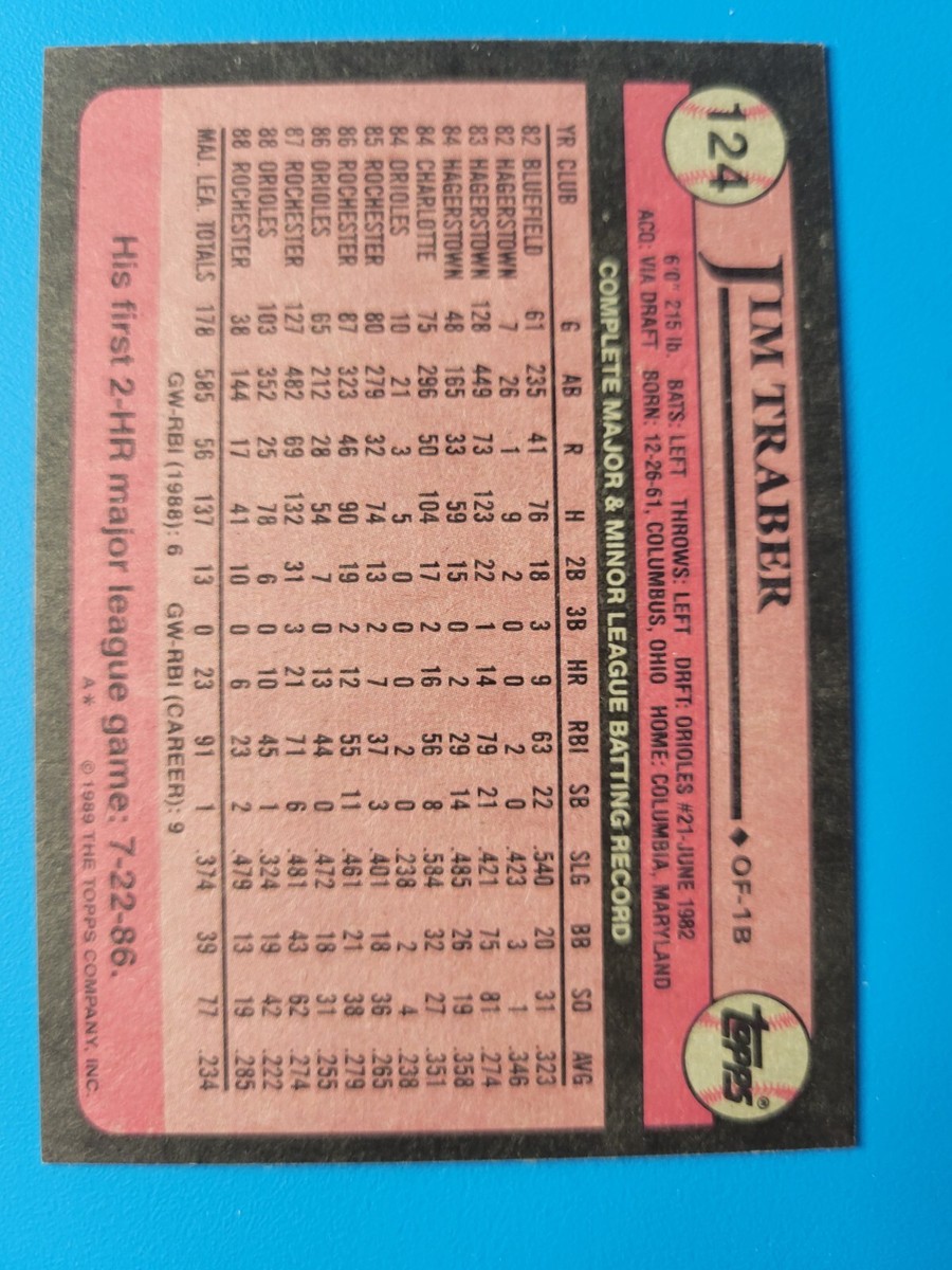 Jim Traber Baseball Card -- 1989 Topps #124 -- Baltimore Orioles
