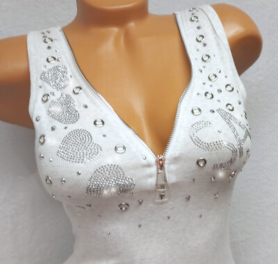 Glitzer Longshirt Partytop Tanktop  Strass Herchen Zipper Naturfarben 32 34 36