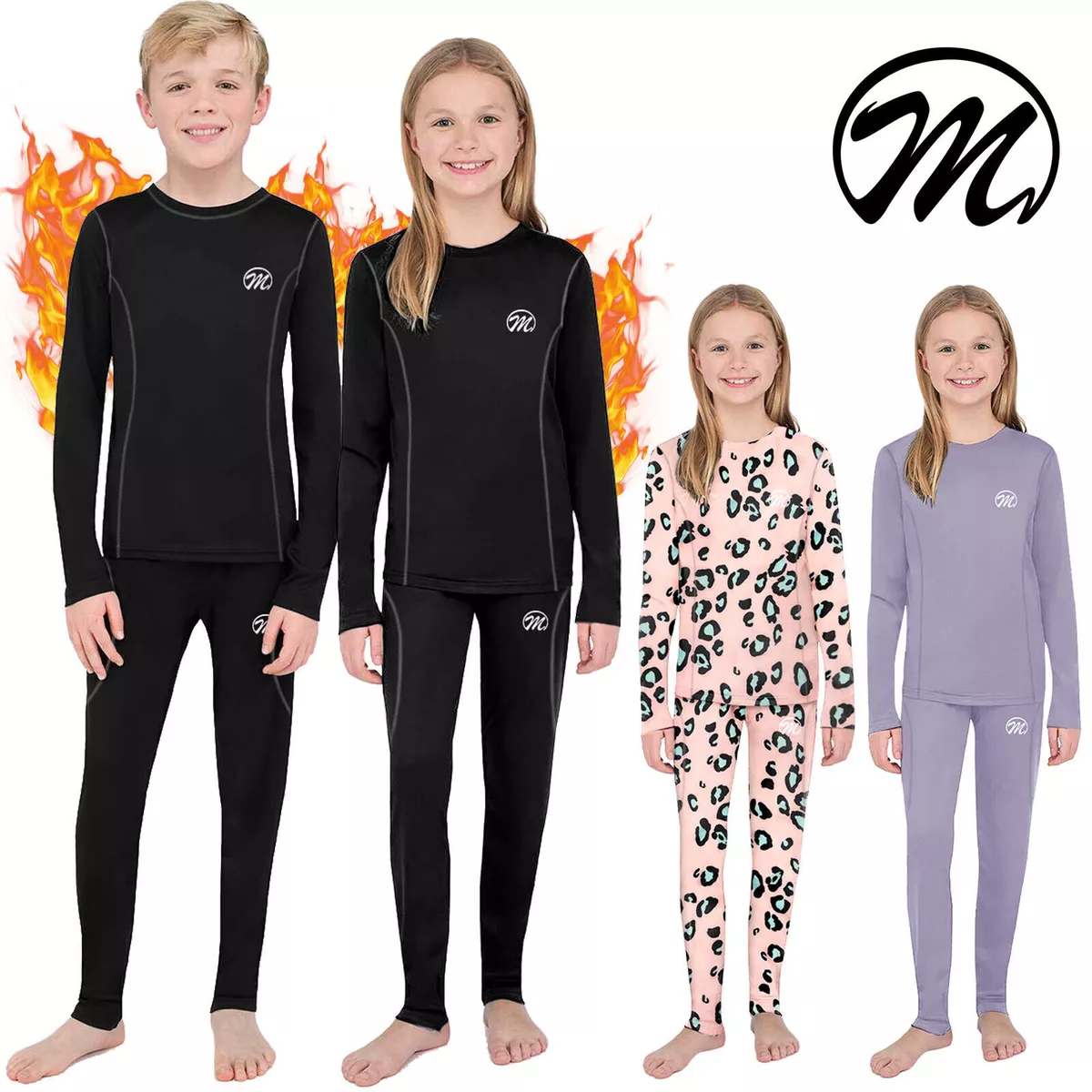 Kids Thermal Underwear Long John Girl Long Sleeve Top Ski Warm Winter  TShirt Set