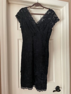 Marina Black Sequin Beaded Stretch Lace V Neck Short Sleeve Dress Size 4  Petite | eBay