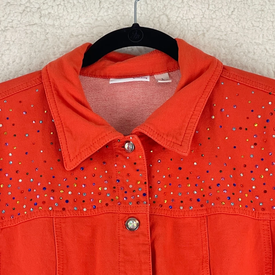 Quacker Factory Jacket Womens Large Orange Button Front Bedazzled Long Sleeve - Image 3 of 4