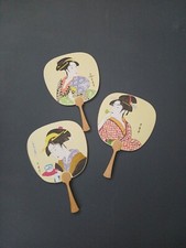 Handmade Japanese GISHA WOMEN Paper  Bamboo Wood 10" X 7" Hand Held Fans 3 PCS