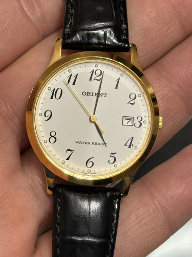ORIENT LUN63004W0 OROLOGIO VINTAGE UOMO PELLE NERO DATA DORATO 35mm SOTTOCOSTO - Zdjęcie 7 z 9