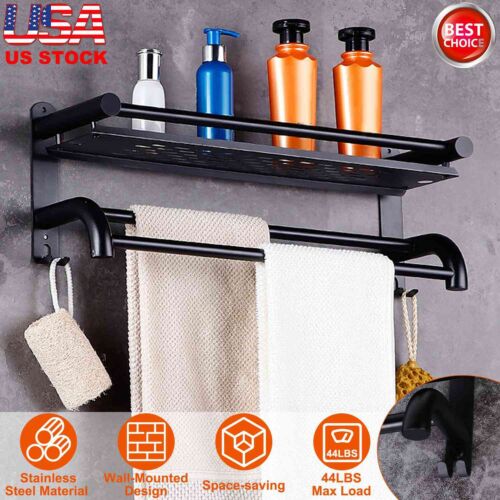 2 Tier Wall Mounted Towel Rack Bar Rail Towel Holder Bathroom Storage Shelf USA