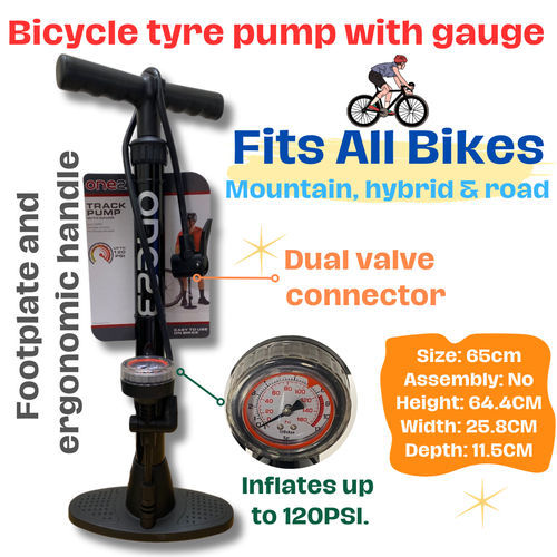 ONE23 Track Floor Hand Bike Pump With Gauge 120 PSI Multi Purpose Fits