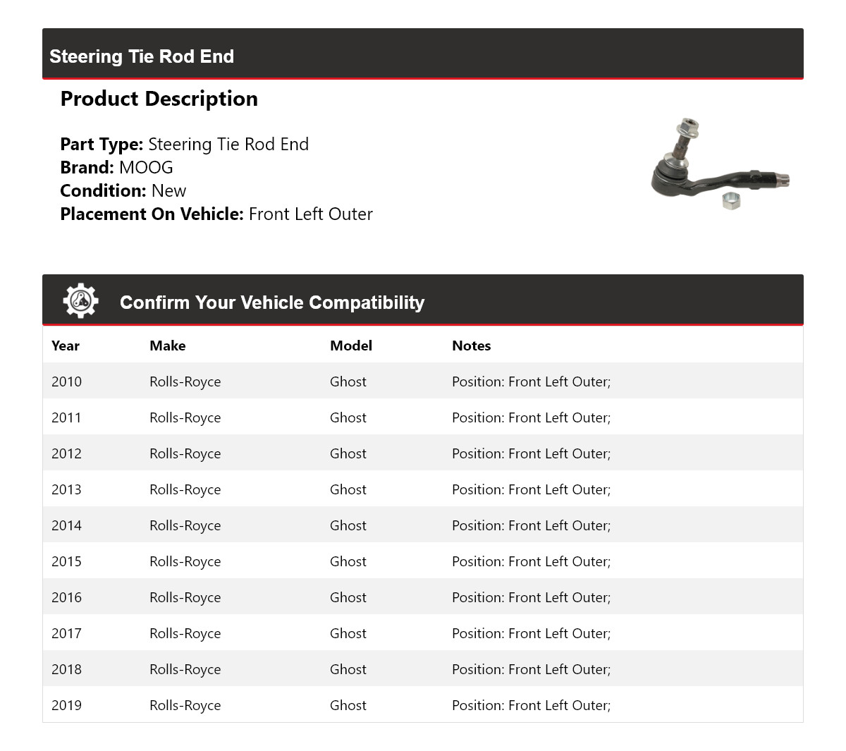 For 2010-2019 Rolls-Royce Ghost Steering Tie Rod End Front Left Outer MOOG 2010