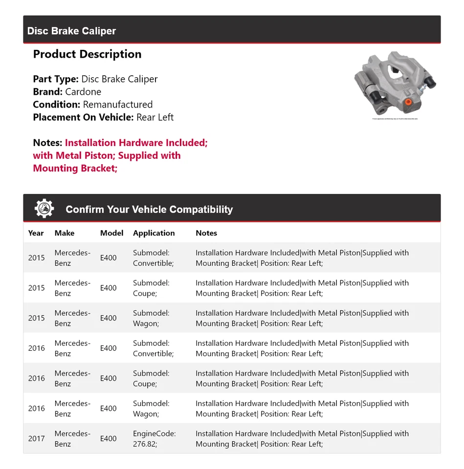 For 2015-2017 Mercedes-Benz E400 Disc Brake Caliper Rear Left Cardone 2016 - Image 2 of 4
