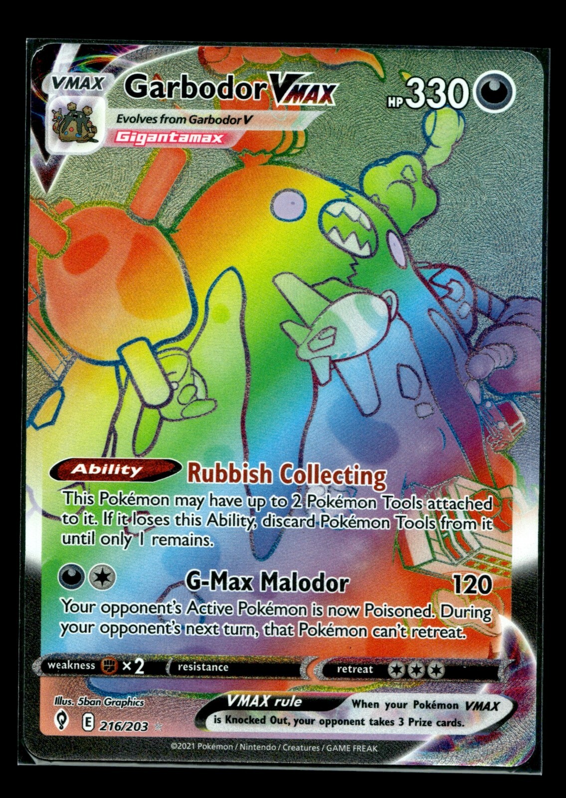 Pokemon TCG Evolving Skies Garbodor VMAX 216/203 Secret Rare NM