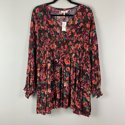 Maurices Floral Smocked Tunic Blouse Size XXL V Neck Long