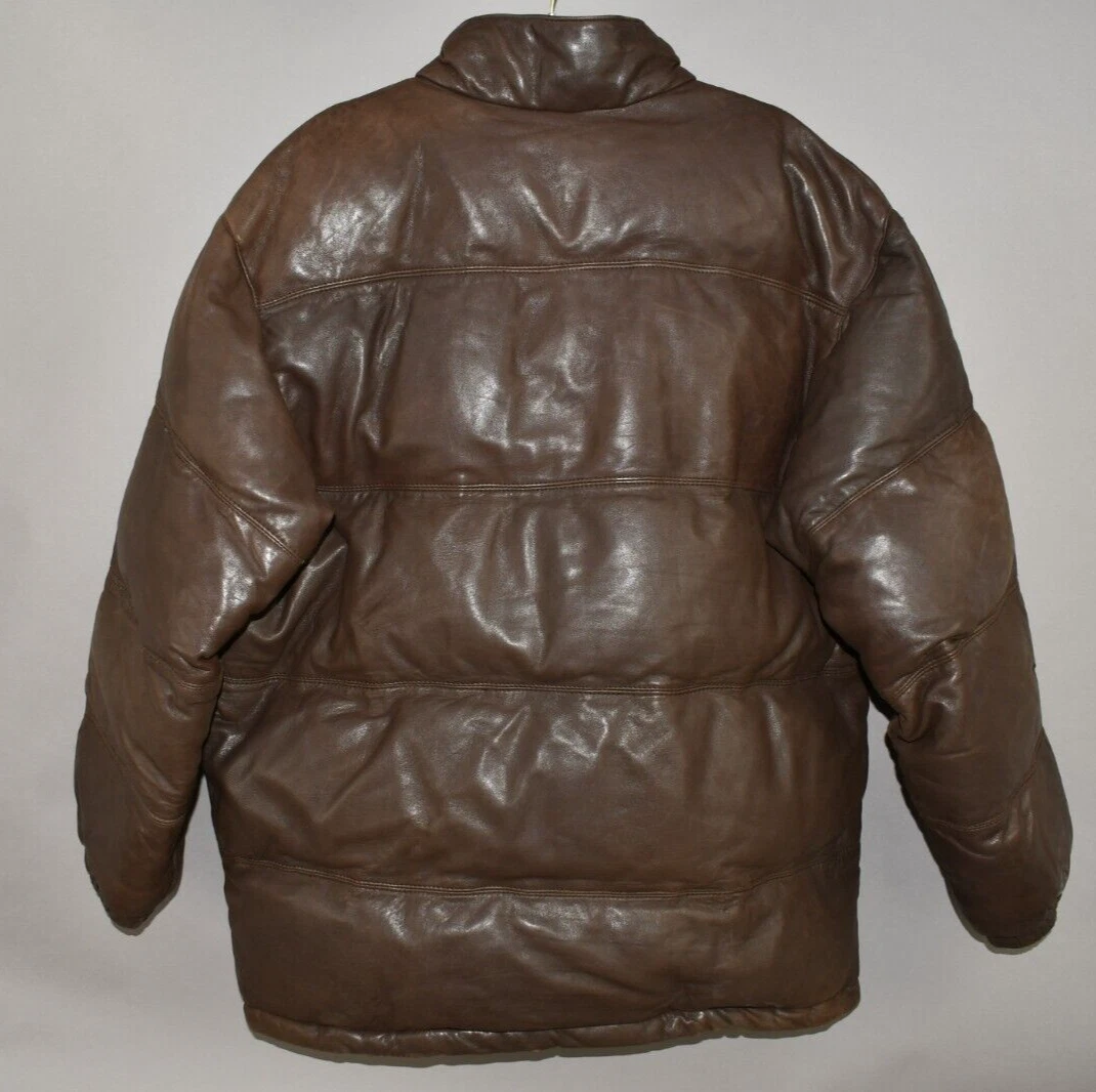Philippe Monet Leather Down Puffer Jacket Rare 80s Brown Size L *READ*