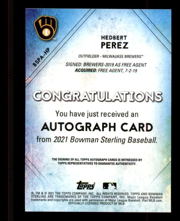 2021 Bowman Sterling Prospect AUTO #BSPAHP Hedbert Perez Rookie Auto - Image 2 of 2