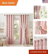 Pink Pom Pom Curtains for Girls Bedroom Nursery - Double Layer Sheer Tulle Ov...