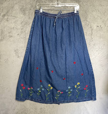Denim Midi Skirt Large Floral Embroidered Elastic Waist Cottagecore Prairie