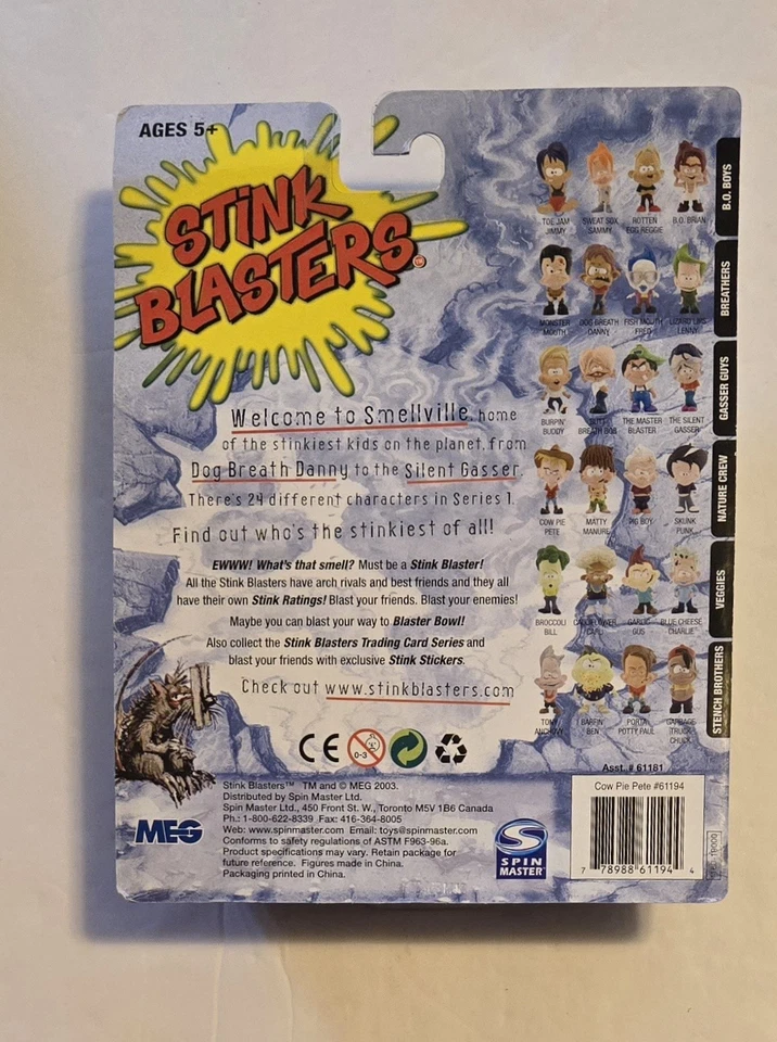 Figura de acción vintage 1999 Spin Master Stink Blasters Cow Pie Pete” nueva en paquete Foto 2 de 2