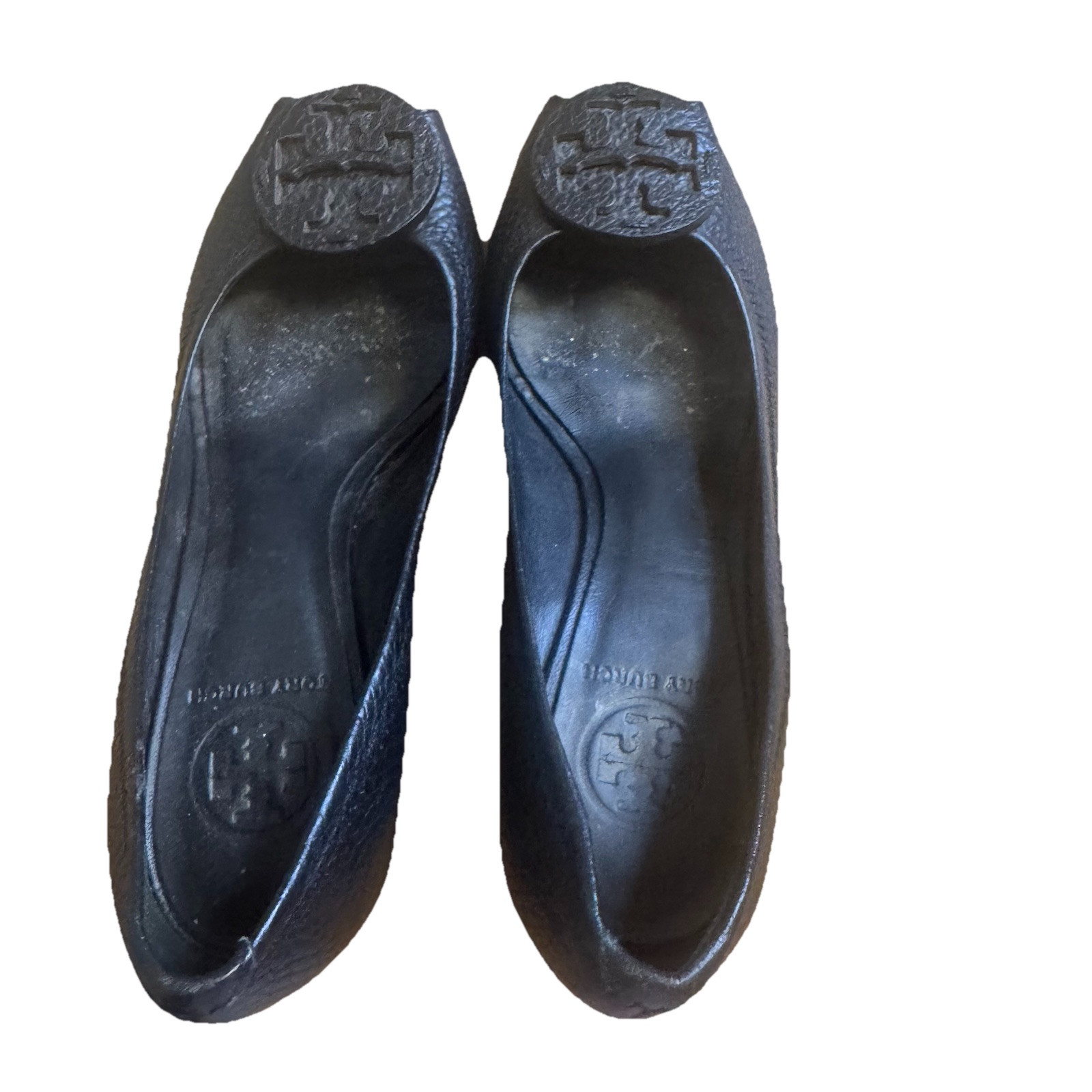 Tory Burch Womens Slip On Wedge Heel Logo Peep Toe Pumps Black Leather Sz 6 a25 thumbnail 7