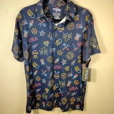 Birdie Bound Golf Mens Polo Shirt Size M Navy Blue Patriotic Party Short Sleeve