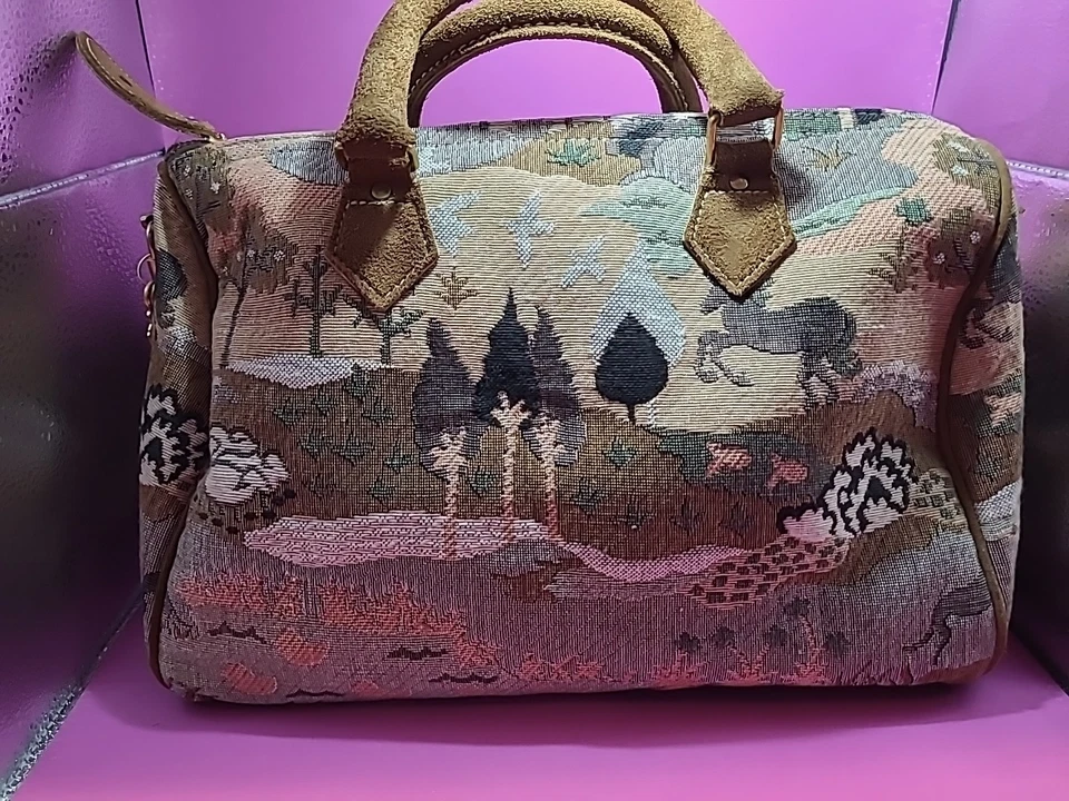 VTG  French Luggage Countryside & Unicorn Suede Tapestry Briefcase Carry On Bag - Image 2 of 4