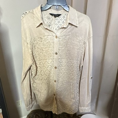 Young Threads Beige Lace Collared Button-Up Long Sleeve Cotton Blouse M