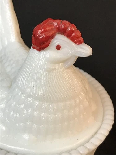 Vintage White Milk Glass Chicken Hen on Nest Basket Covered Bowl Westmoreland