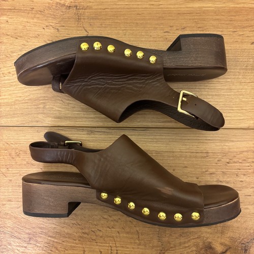 JEFFREY CAMPBELL Pipper Slingback Clog Sandals Size 8 Brown Leather Gold Studded - Picture 8 of 13