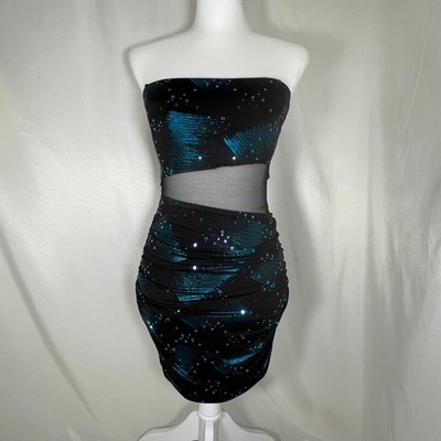 VTG Taboo Y2K Strapless Bodycon Dress Size S Teal Sequin Mesh Cutout Ruched
