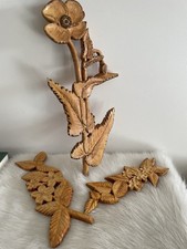 Vintage Wooden Handmade Carved Floral Wall Hanging Trio Leaves Artisan Sealed