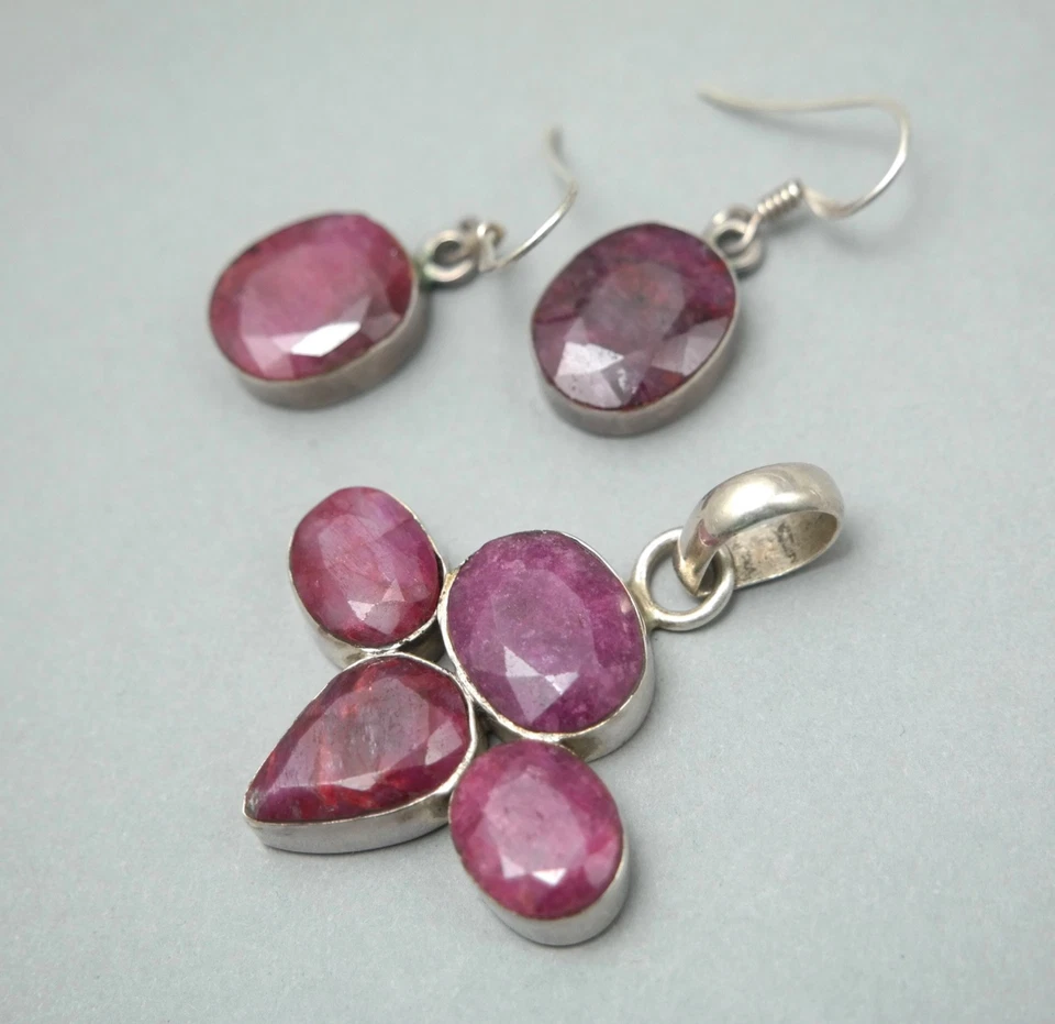 Sterling silver 925 raw ruby pendant earrings set - Image 4 of 4