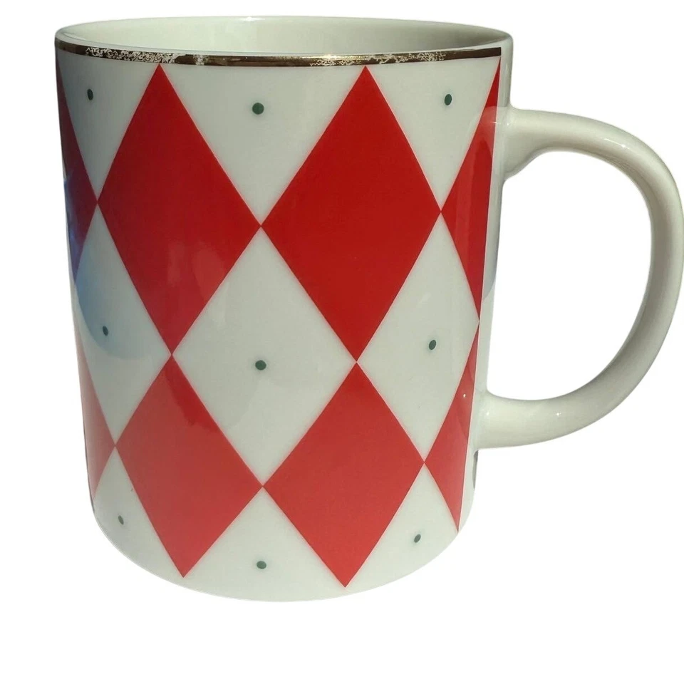 Taza Williams Sonoma Rojo Blanco Diamante Arlequín Punto Verde Acento Borde Dorado Foto 3 de 4