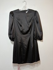 New Mac Duggal Sz 2 Black Long Sleeve Western Beaded Fringe Hem Mini Dress