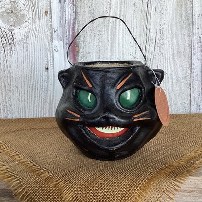 Ragon House Black Cat Halloween Candy Bucket Paper Mache Jack O Lantern Decor
