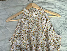 Women’s White Floral High Neck Sleeveless A-Line Midi Tie Waist Ruffle Hem M
