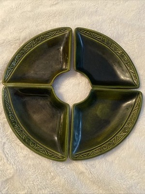 Vintage MCM California Pottery USA Green / Brown 4 Piece Serving Dishes #1020