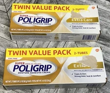 Poligrip Denture Adhesive Cream Twin Value Pack 4.4 oz Extra Care Zinc-Free Trip