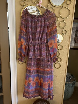 Vintage CARRIE COUTURE Floral Chiffon Ruffled Midi Skirt Set Xs/skirt/Sm  top?