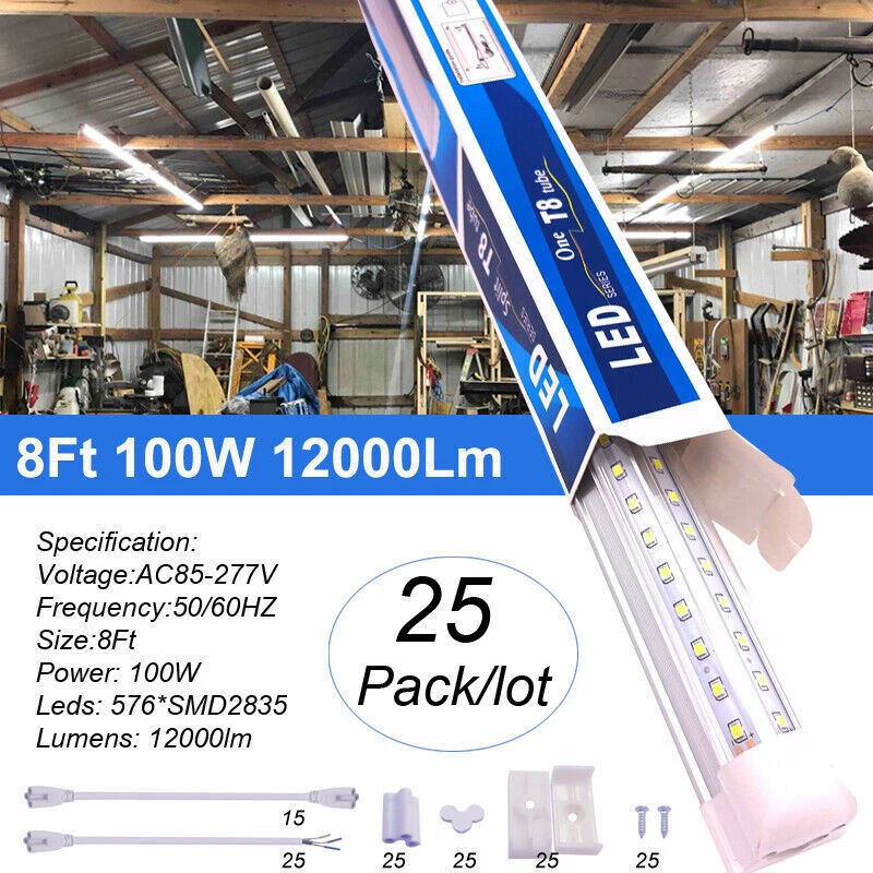 25 Pack 8 Foot LED Shop Lights 100W Fixture 8FT T8 8' LED Tube Light Bulbs 6500K - Image 2 of 4