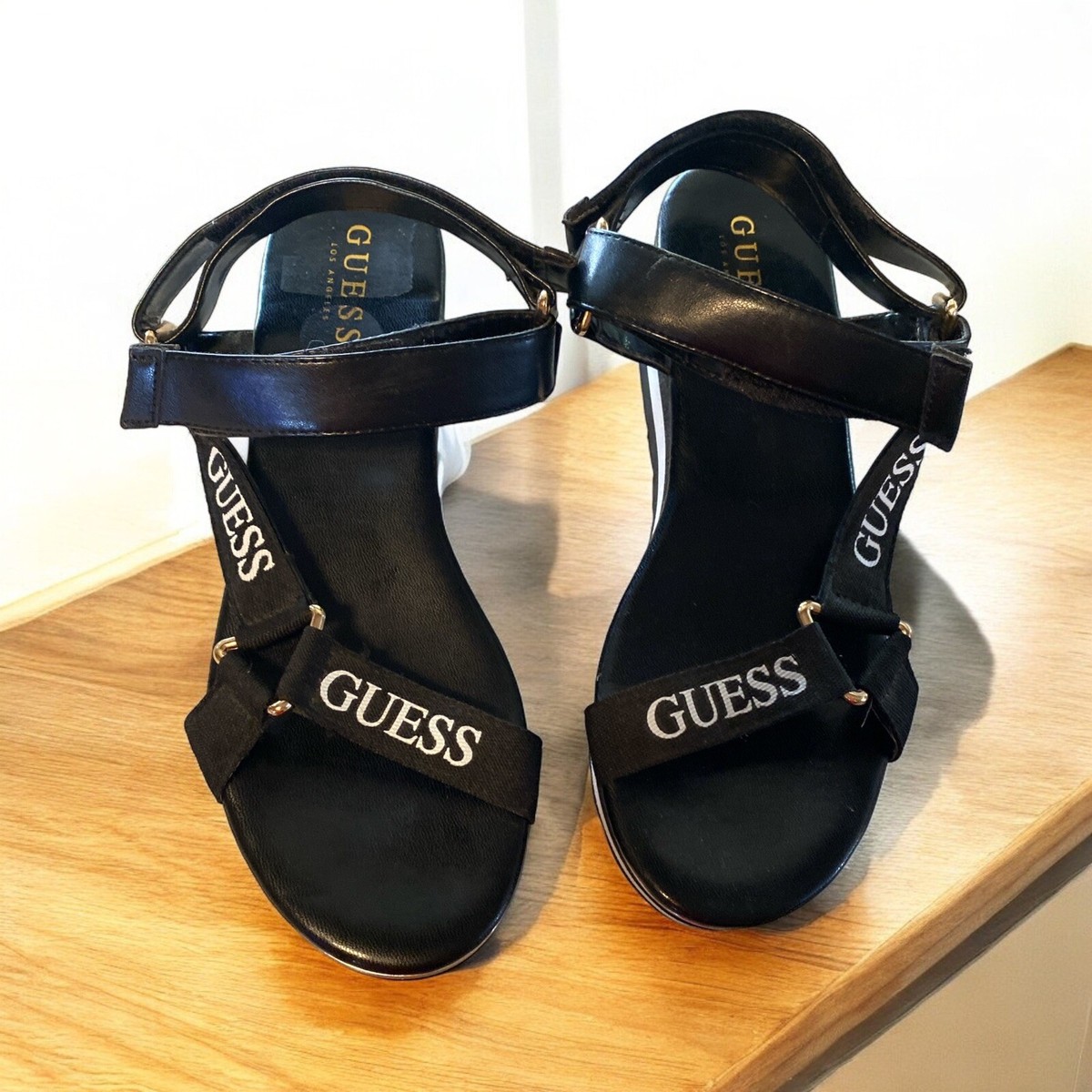 Guess sandal espadrilles Women size 8USA Black/white Leather Ankle