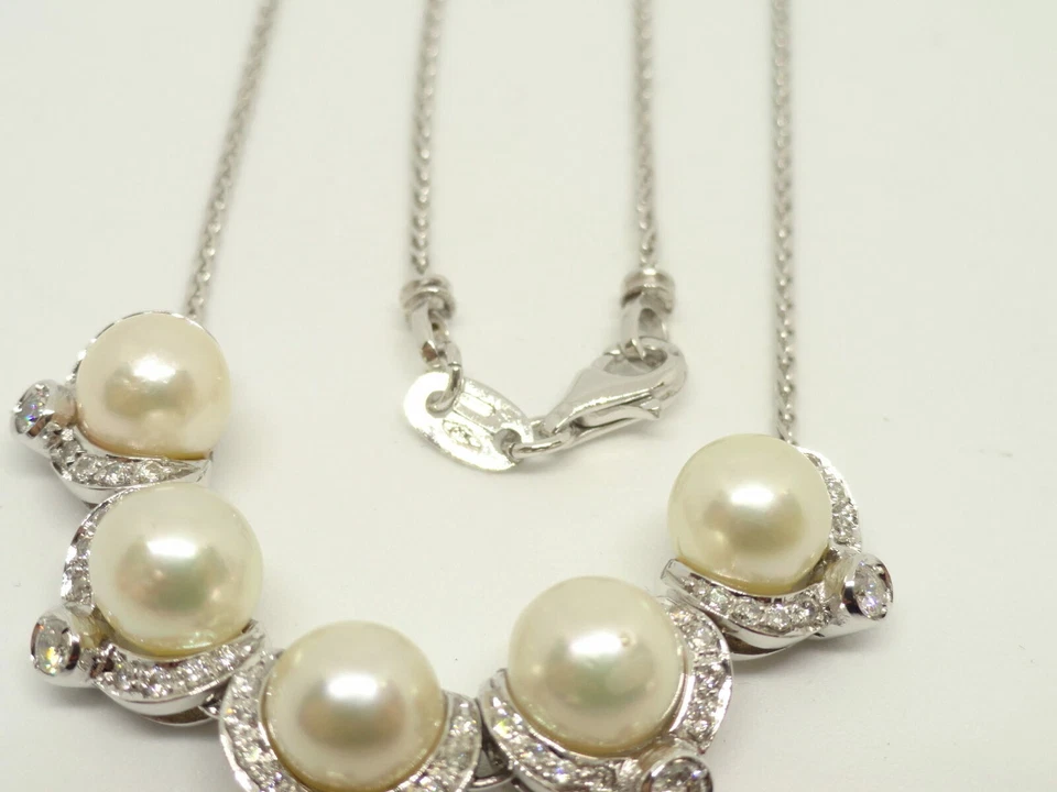 Collana oro bianco 18 kt 750 perle 8 mm diamanti 1,05 ct -827/VE- - Immagine 3 di 4