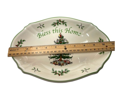 Spode Christmas Tree Bless this Home Oval Tray Porcelain Christmas Original Box - Picture 4 of 7