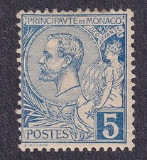 MONACO 1885, Scott 13, 5 cent blue, Prince Charles III, mint hinged.
