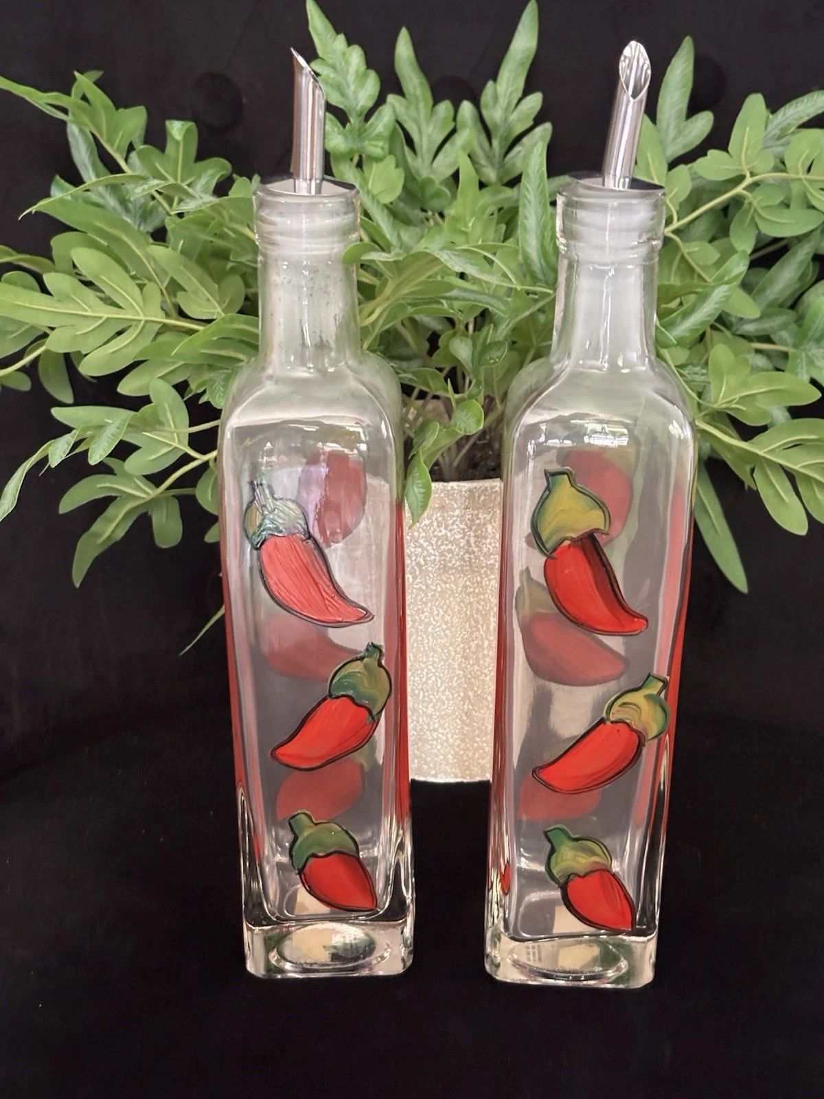 2-Hand Painted Chili Pepper Oil Bottle Dispenser 16 oz Le Gourmet Chef