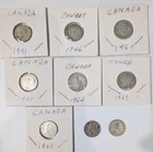 Lot of 9 Canada 10 Cents Silver Coins 1941-1965