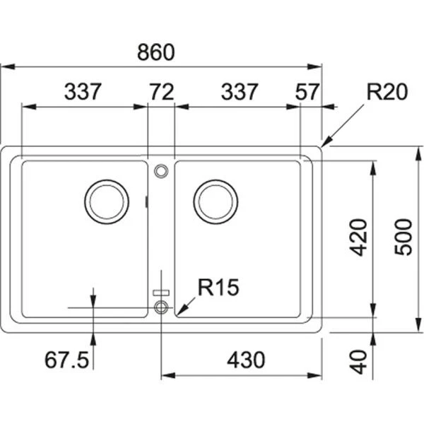 Franke BFG 620, 2x 860x500mm, 2 x Siebkorb als Drehknopfventil, mit rundem Ueber - Bild 2 von 2