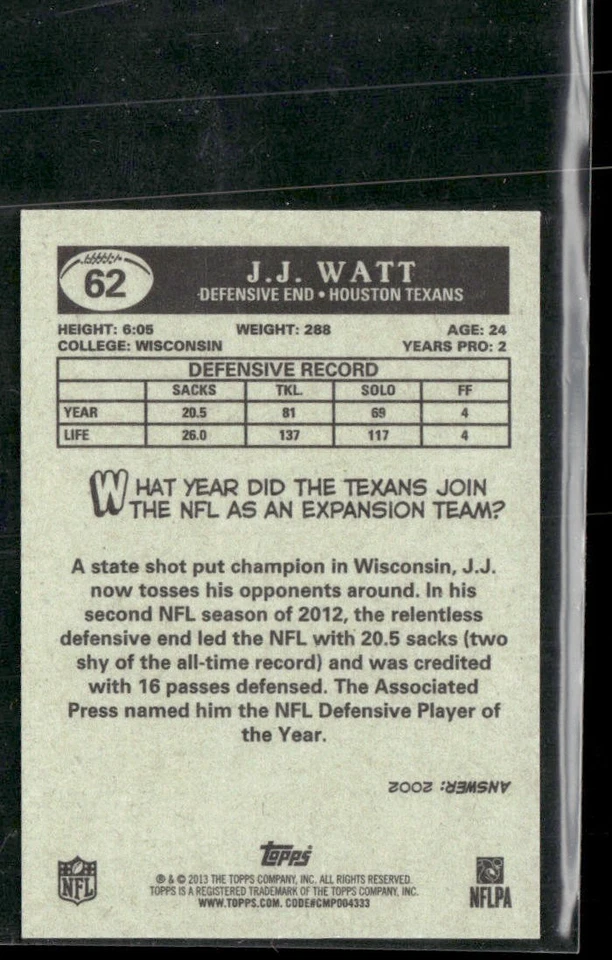 JJ Watt 2013 Topps Mini #62 - Image 2 of 2