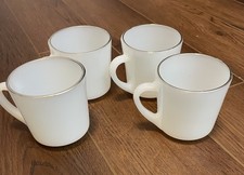 Set of 4 MCM Mugs Anchor Hocking Milk Glass Cups with Silver Rim Vintage #2
