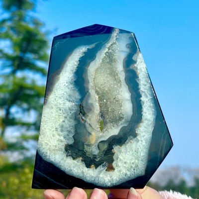 284G Natural black agate crystal cave obelisk crystal energy column healing gift