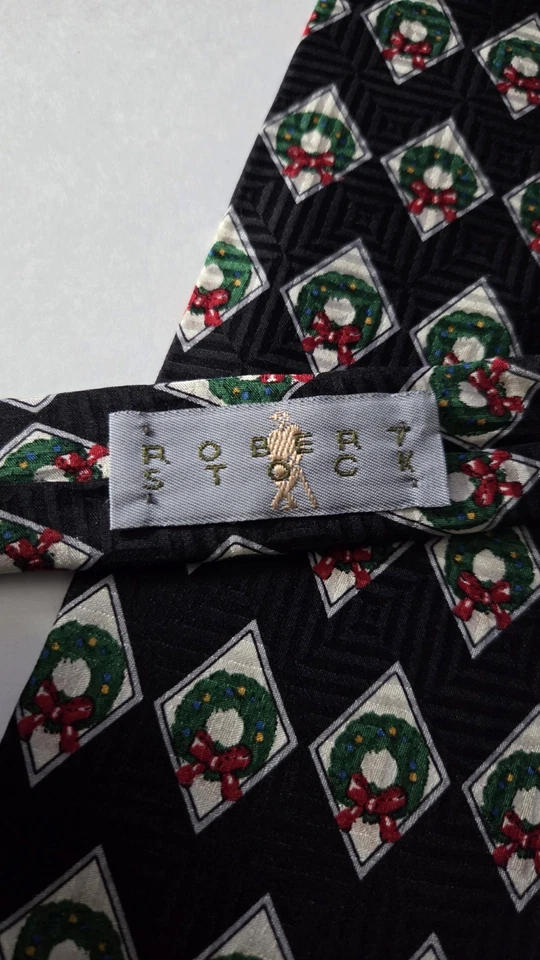 Corbata de Navidad para Hombres Negra con Coronas Verdes Arcos Rojos Corbata de Vacaciones 100% Seda Foto 4 de 4